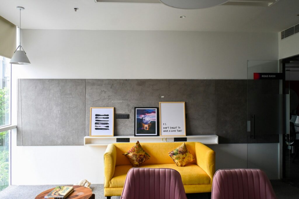 business meeting with Korean language presentation screen in background, professional setting, realistic high quality photo