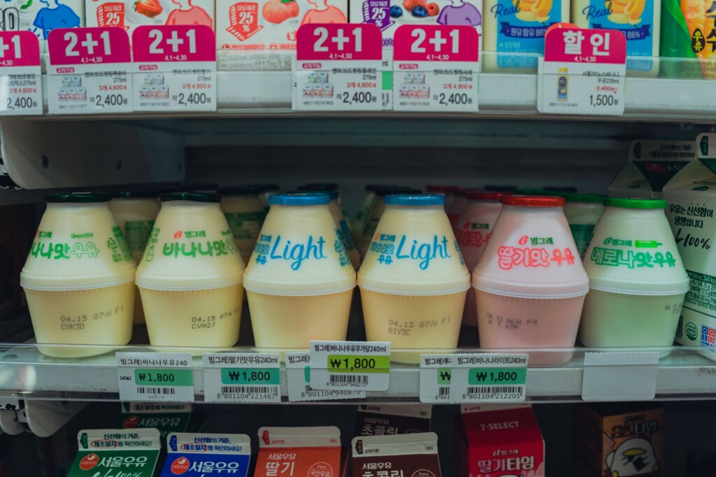 Korean convenience store summer food and drinks displayed in refrigerated shelves