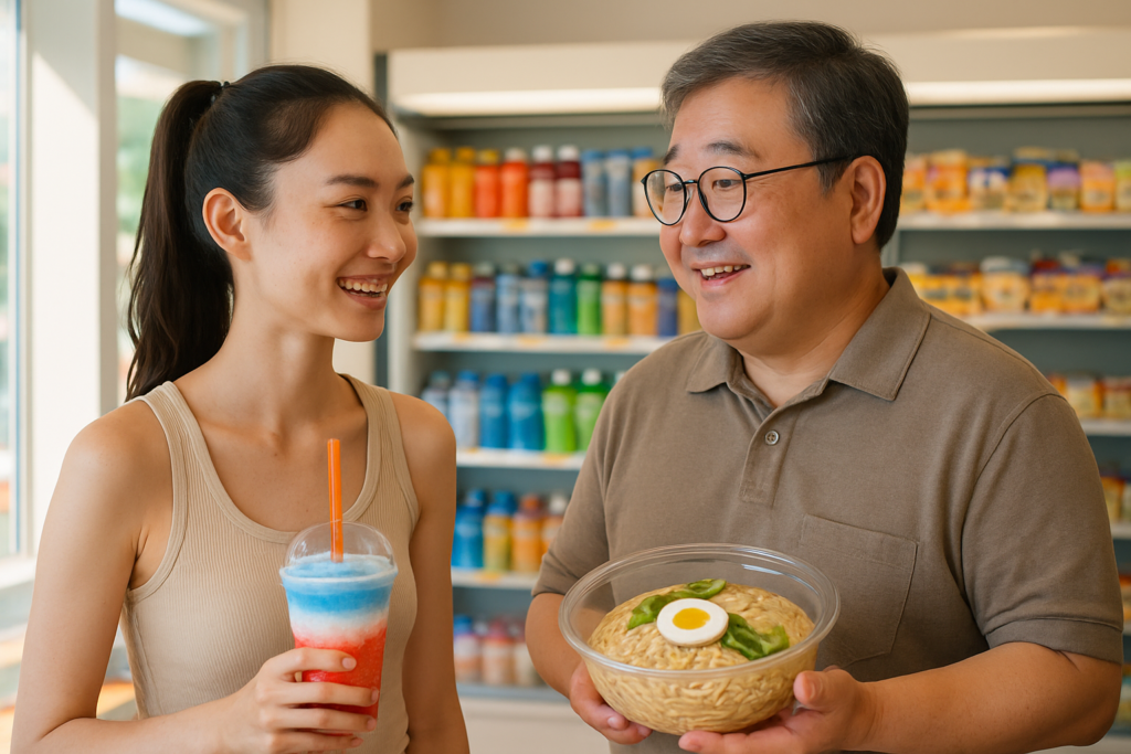 A young Korean woman and an older Korean man enjoying cold drinks and food in a convenience store