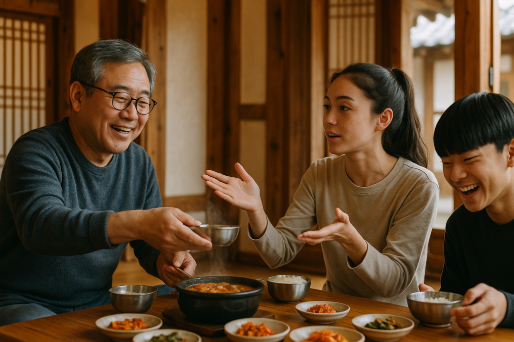 Three Korean learners of different ages ordering and sharing food together in a traditional hanok house
