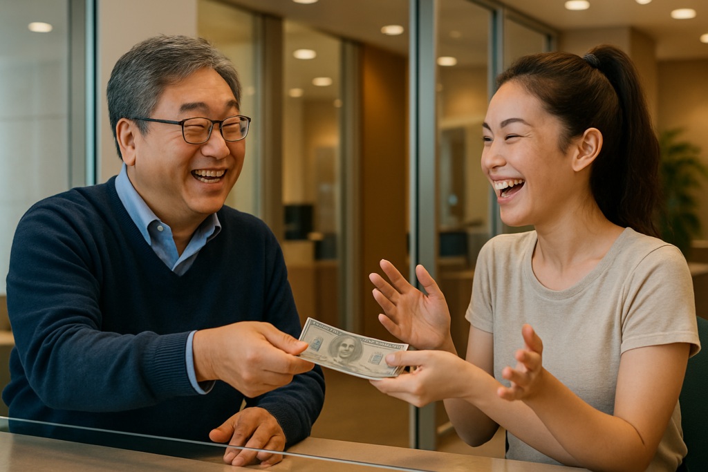 An older Korean man and a young Korean woman exchanging cash at a bright bank counter
