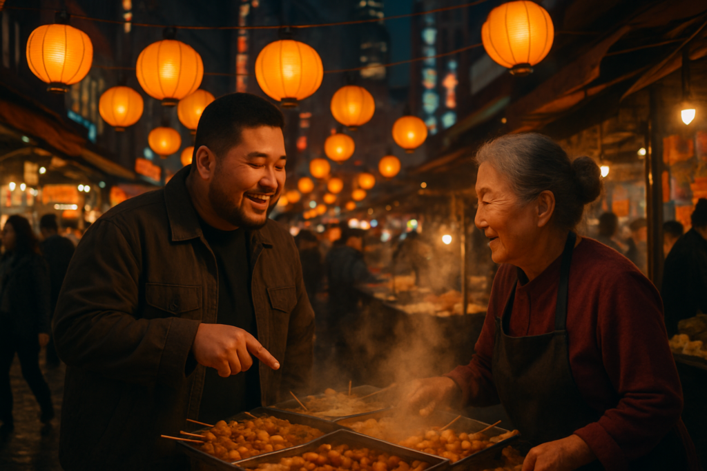 A bearded Korean man chatting with an older grey-haired Korean vendor at a Seoul night market