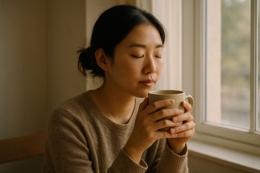 A Korean woman pausing with coffee by a sunlit window, evoking a calm daily study habit