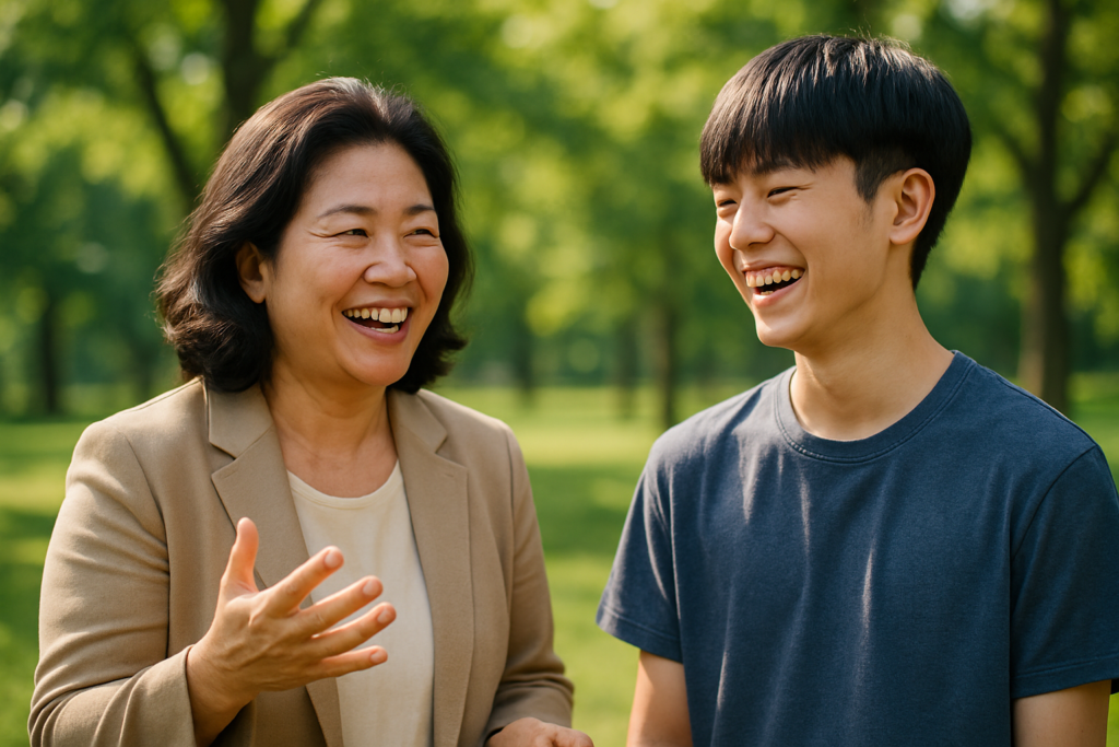 A middle-aged Korean woman gesturing and laughing with a Korean teenage boy in a sunny park