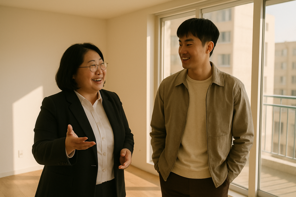A Korean real estate agent showing a sunlit empty apartment to a young man