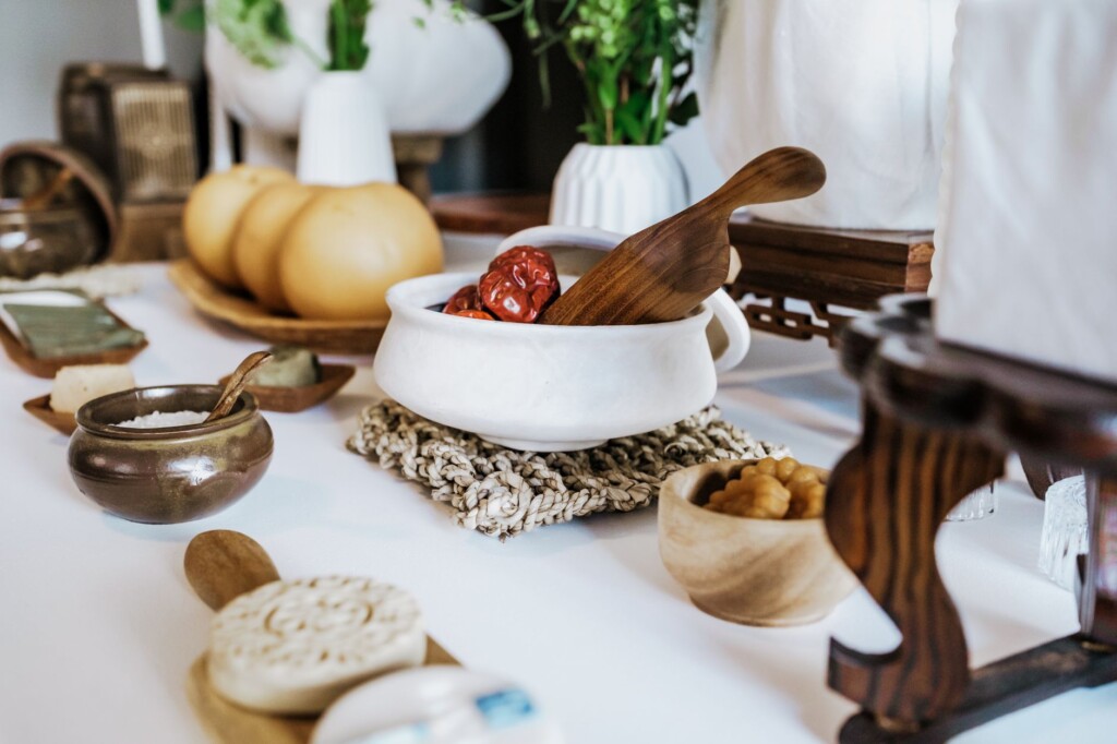 A table filled with colorful holiday dishes for a family gathering